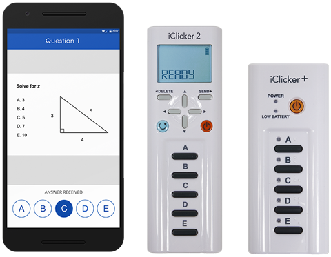 Three devices sit in a row: a black smart phone displaying Question One, solve for x, with the answer corresponding to C selected; an iClicker 2 remote turned on with full battery reading Ready; and an iClicker+ remote.