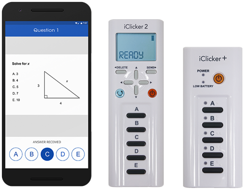 Three devices sit in a row: a black smart phone displaying Question One, solve for x, with the answer corresponding to C selected; an iClicker 2 remote turned on with full battery reading Ready; and an iClicker+ remote.