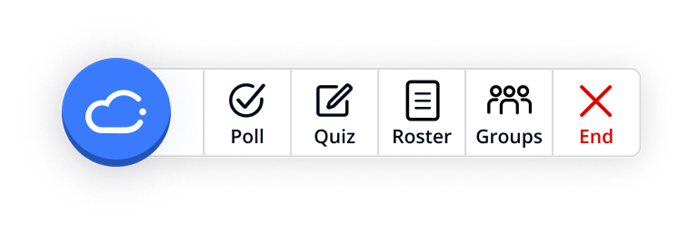 The iClicker floating toolbar for instructors reads: Poll, Quiz, Roster, Groups, and End