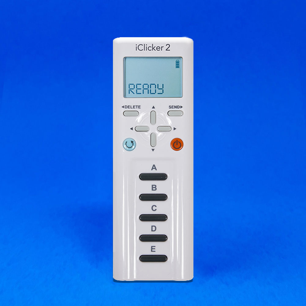An iClicker 2 remote stands against a bold background. The upper half of the remote contains an LED answer screen and four cardinal direction buttons for navigation, as well as labeled buttons for deleting and sending answers. The lower half of the remote contains a column of 5 dark oval buttons labeled with bold, capital letters A-E.