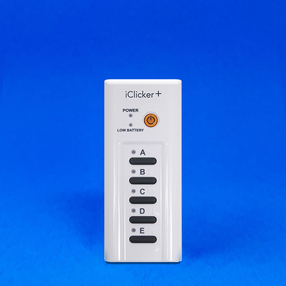 Compact and accessible, an iClicker+ remote stands against a blue background. Across the top it reads iclicker+ and below that rests a bold power button and indicator lights for power and low battery. A column of 5 large, dark buttons cover the lower 2/3 of the remote. Each button is outfitted with an indicator light and A-E answer labels in both bold, capital letter print and braille.