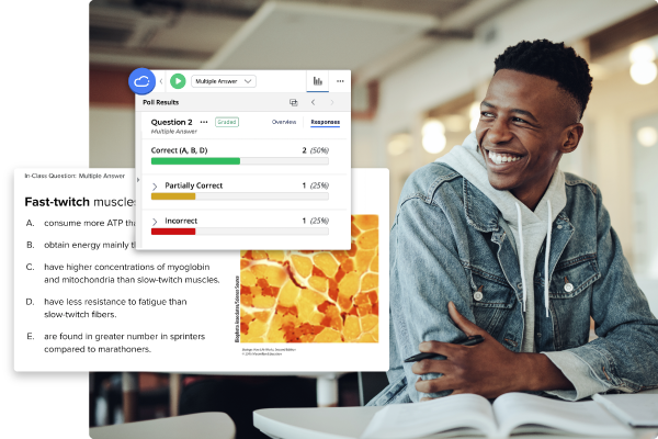 A student grins as he listens to a classmate explain why they answered the polling question the way they did. On top, screenshots show the multi-answer in class poll being answered, as well as the floating iClicker toolbar with a bar graph of class results.