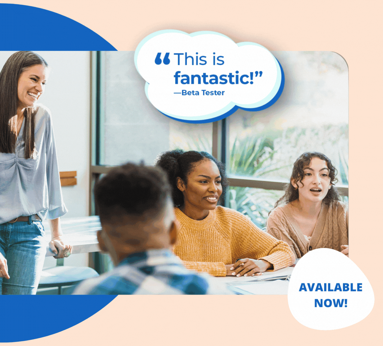 An educator, happily engaged with their students, overlaid with the quote This is Fantastic, courtesy of an AI Question Generator beta tester