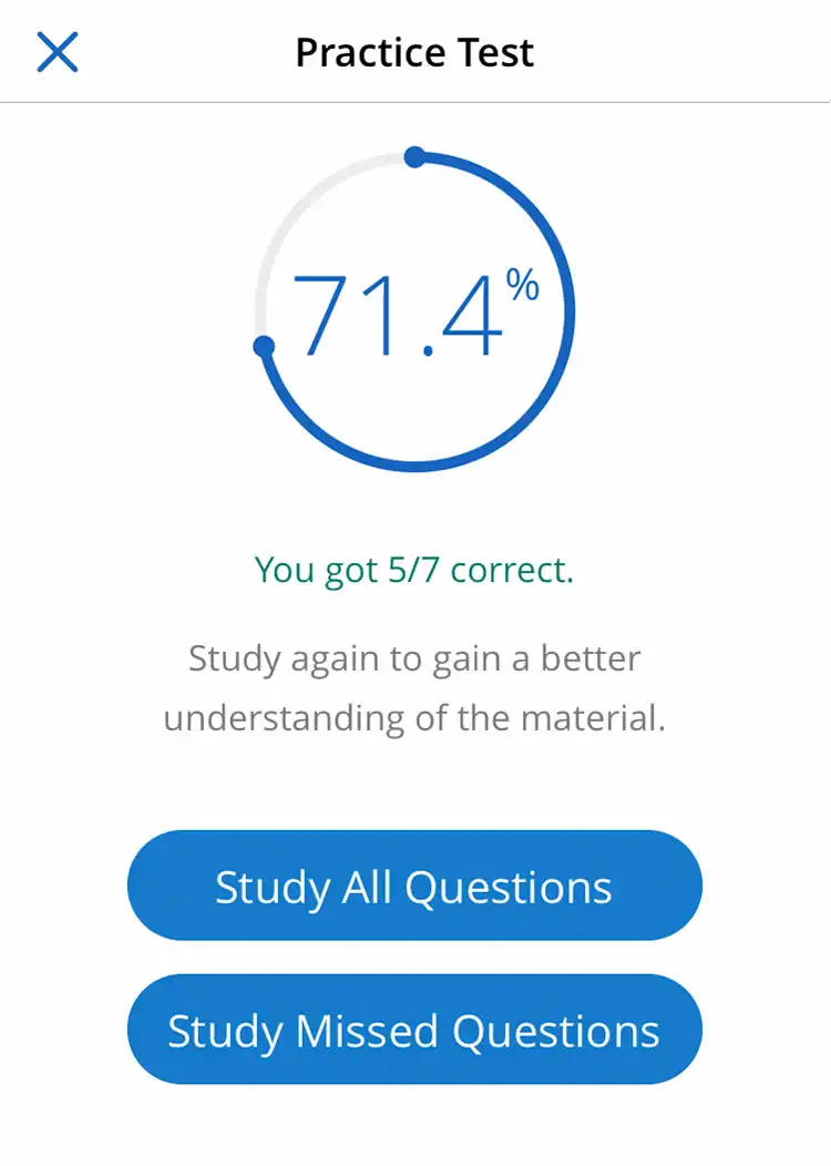 The iClicker Practice test summary screen shows a graded score of 71.4% and the phrase You got 5/7 correct. Two call to actions follow, one to Study All Questions and one to Study Missed Questions.