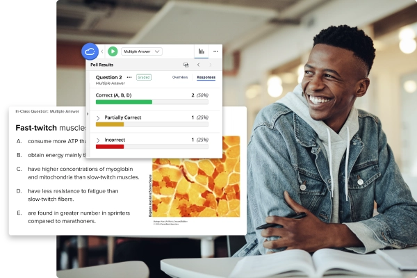 A student grins as he listens to a classmate explain why they answered the polling question the way they did. On top, screenshots show the multi-answer in class poll being answered, as well as the floating iClicker toolbar with a bar graph of class results.