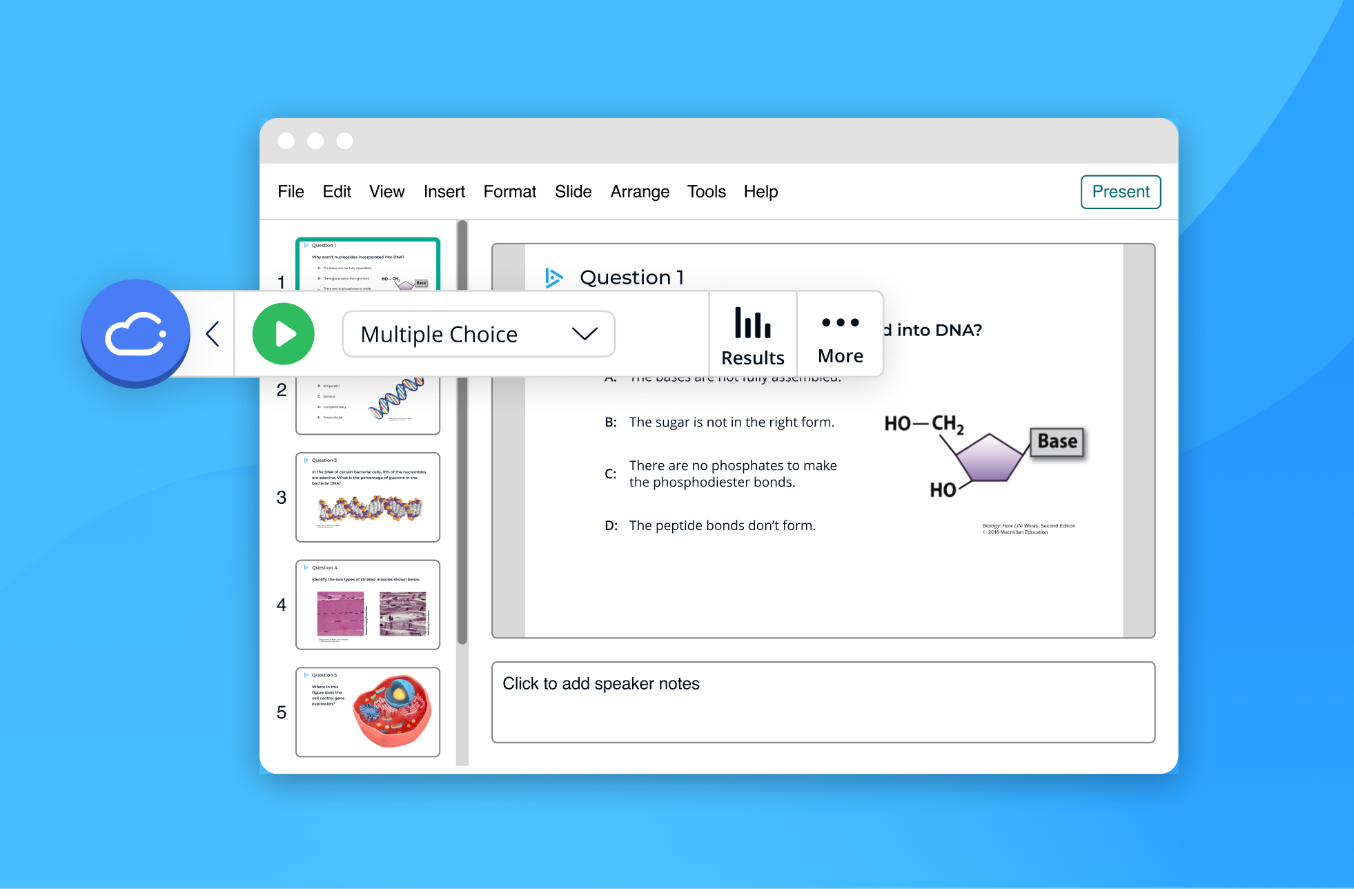 The iClicker floating toolbar rests over a stylized representation of presentation software, ready to run a multiple-choice format poll about the slideshow content.