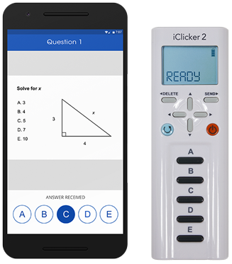 Two k12 student response devices sit side-by-side. A mobile phone displays a multiple-choice geometry question. An iClicker2 student remote displays the message READY.