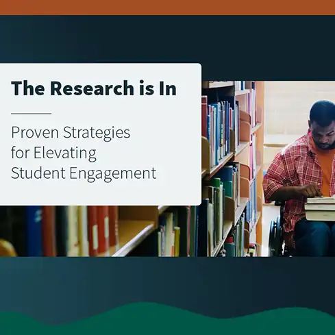 A young man in a wheelchair has a stack of library books in his lap, followed by the title The Research is In, Proven Strategies for Elevating Student Engagement